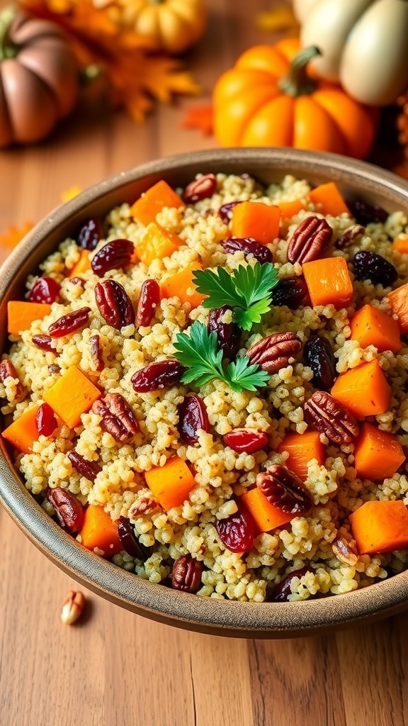 A vibrant autumn quinoa salad with butternut squash, cranberries, and pecans in a rustic bowl on a wooden table.